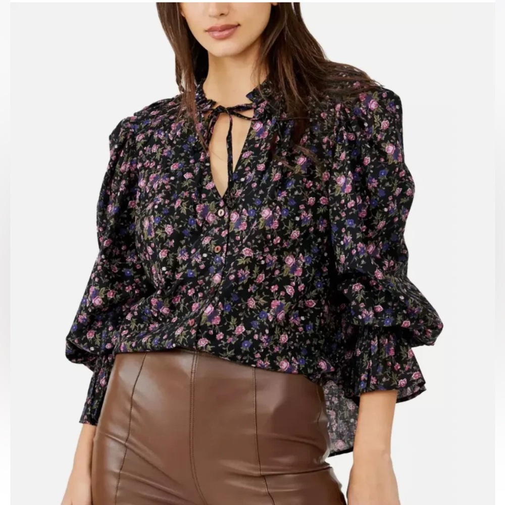 Free People Meant To Be Black Micro Floral Cottagecore Prairie Tassel Blouse Med